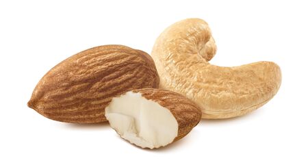 Cashew and almond nuts isolated on white background. Package design elementの写真素材