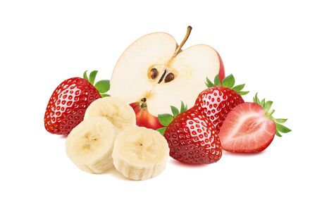 Red apple, sliced banana and strawberry berries isolated on white background. Package design elementの写真素材