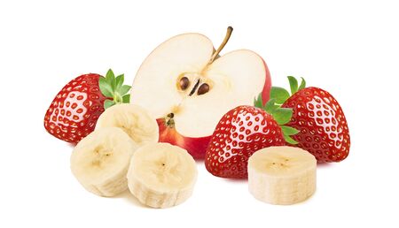 Red apple, banana and strawberry isolated on white background. Package design elementの写真素材