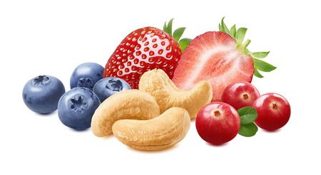 Berry and nut mix. Strawberry, blueberry, cranberry, cashew. Package design element with clipping pathの写真素材
