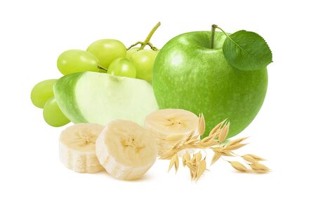 Green apple, grapes, bananas and oat ears isolated on white background. Package design element with clipping pathの写真素材