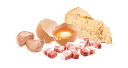 Ingredients for pasta carbonara sauce isolated on whiteの写真素材