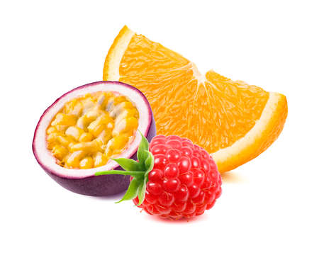 Orange, raspberry and passion fruit isolated on white background. Package design element with...