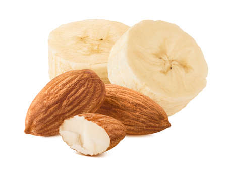 Banana slices and almond nuts isolated on white background.の写真素材