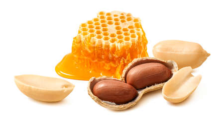 Honeycomb and peanuts isolated on white background. Package design element with clipping path