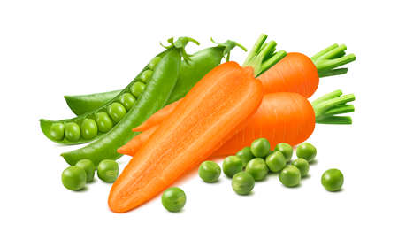 Carrots and green peas isolated on white background. Package design element with clipping pathの写真素材
