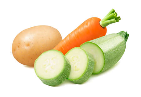 Fresh carrot, potato and squash isolated on white background. Package design elementの写真素材