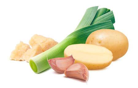 Leek, pieces of parmesan cheese, potato and garlic isolated on white background. Soup ingredients. Package design elementの写真素材