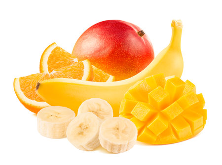 Orange, mango. whole and sliced banana isolated on white background. Tropical fruit mix. Package design element with clipping pathの写真素材