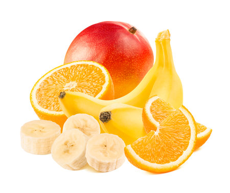 Orange, mango and banana pieces isolated on white background. Package design element with clipping pathの写真素材