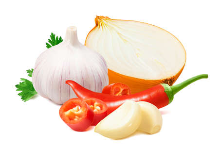 Onion, garlic and red hot chili pepper isolated on white background. Package design element with clipping pathの写真素材
