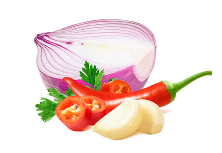 Purple onion, chili peppers, parsley and peeled garlic cloves isolated on whiteの写真素材