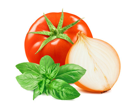 Tomato, onion and green basil isolated on whiteの写真素材