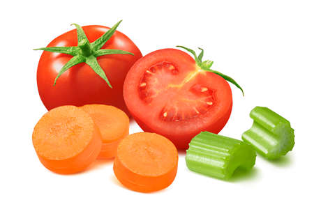 Tomato, sliced carrot and celery isolated on whiteの写真素材