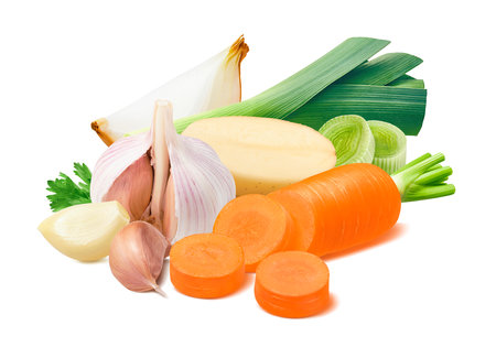 Onion, leek, garlic, potato and carrot isolated on whiteの写真素材