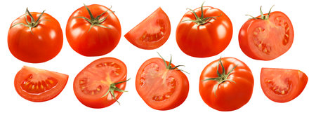 Tomato set isolated on white background. Whole and slices. Package design element with clipping pathの写真素材