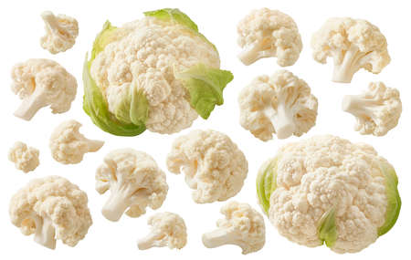 Fresh cauliflower heads and pieces set isolated on white background. Package design elements with clipping pathの写真素材
