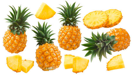 Fresh pineapple set isolated on white background. Whole fruit, round and triangular slices. Package design element with clipping pathの写真素材