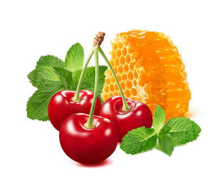 Sweet red cherries, mint and honey. Berries and honeycomb isolated on white background. Package design element with clipping pathの写真素材