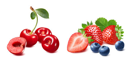 Cherry, strawberry and blueberry set isolated on white background. Package design element with clipping pathの写真素材
