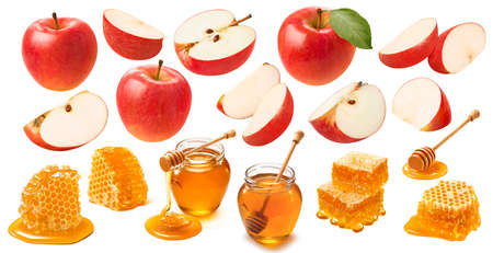 Red apples and honey isolated on white background. Jewish New Year celebration set.の写真素材