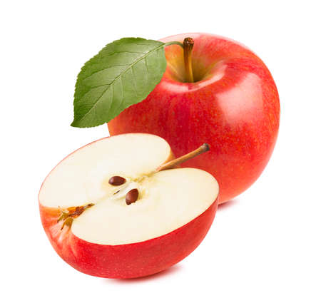 Whole red apple and half isolated on white background.の写真素材