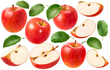 Red apples set isolated on white background. Whole and pieces. Package design elements with clipping pathの写真素材
