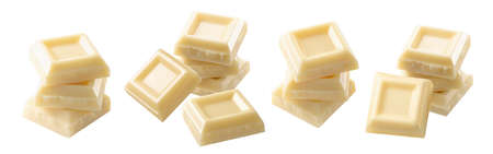 Pieces of white chocolate bar isolated on white background. Set for package design. Clipping path includedの写真素材