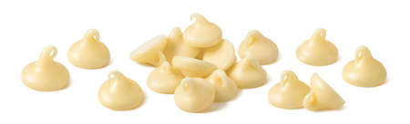 White chocolate drops or chips set isolated on white background. Package design element with clipping pathの写真素材
