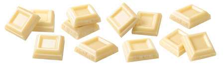 White chocolate squares set isolated on white background. Small pieces. Package design elements with clipping pathの写真素材