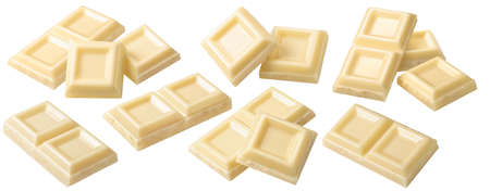 White chocolate pieces set isolated on white background. Package design elements with clipping pathの写真素材