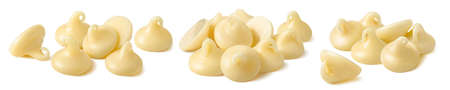 Piles of white chocolate drops set isolated on white background. Package design elements with clipping pathの写真素材
