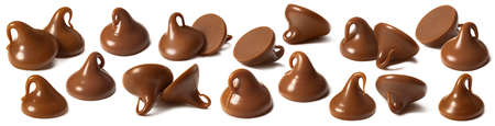 Milk chocolate drops or chips set isolated on white background. Big seleciton. Package design element with clipping pathの写真素材