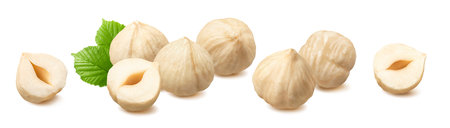 Peeled hazelnut groups isolated on white background. Plain nuts with leaves. Package design element with clipping pathの写真素材