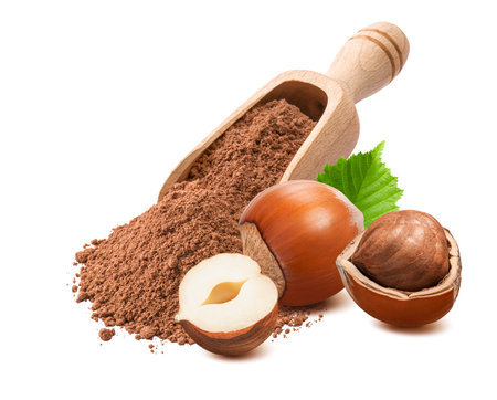 Cocoa powder in wooden scoop and hazelnuts with green leaf isolated on white background. Package design element with clipping pathの写真素材