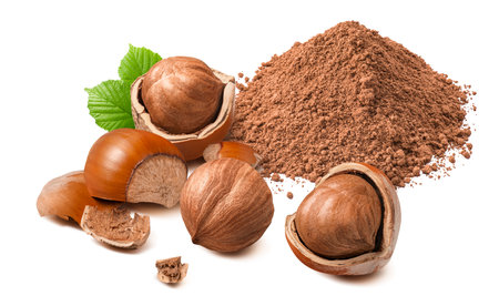 Whole and peeled hazelnuts with cocoa powder pile isolated on white background. Package design element with clipping pathの写真素材