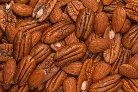 Pecan and almond nuts as background. texture for package designの写真素材