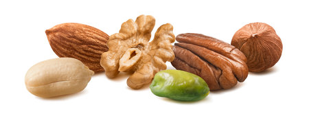 Nut mix isolated on white background. Peanut, pecan, walnut, almond, hazelnut, pistachio. Package design element with clipping pathの写真素材