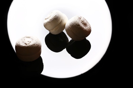 white sweet marshmallow, candy on white and black background, top view flat lay. Isolated minimal concept above decoration, view white marshmallow, food background, set.の写真素材