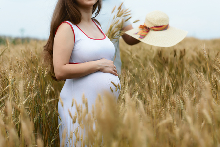 Part of couple in pregnant during sunset on the field with yellow wheat. Close up. waiting baby.の写真素材