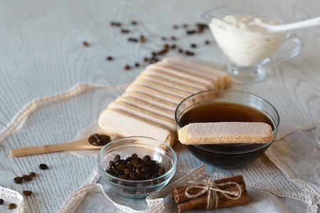 Tiramisu ingredients for preparing the cake. Cooking Tiramisu concept step by step.の写真素材