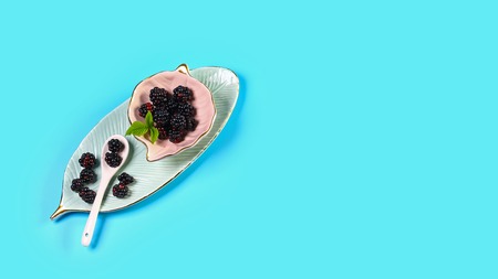 Ceramic bowl with blackberries on blue background. Close up, high resolution product. Harvest Concept.の写真素材