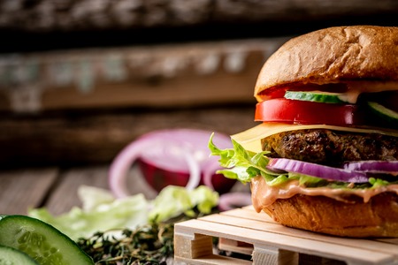 fragment of hamburger with fresh vegetables. Food recipe photo, copy text.の写真素材
