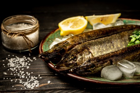 Fresh fish pike dishes and ingredients for cooking. Raw fish pike with spices and herbs on vintage background. Top view.の写真素材