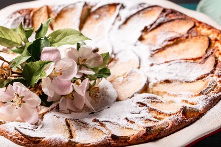 The concept of oriental cuisine. National Austrian Desserts - Overhead shot of cheesecake with sour...