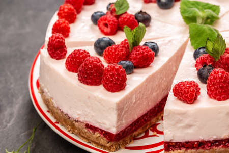 Cold cheesecake with raspberries and raspberry jam, layer. No Bake raspberries Cheese cake.の写真素材