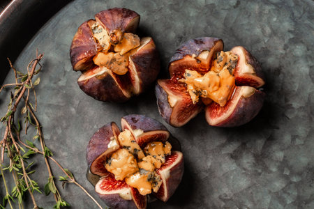 Figs stuffed with goat cheese. Figs with nut and honey cheese. Shallow dof. Figs with nut. blue cheese and honey. Delicious appetizer, ideal as an aperitif.の写真素材