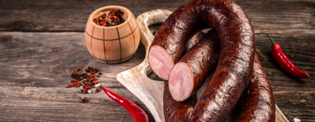Delicious sliced sausages on table. Long banner format. space for text.の写真素材