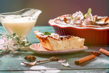 Apple pie with cottage cheese and vanilla cream.の写真素材