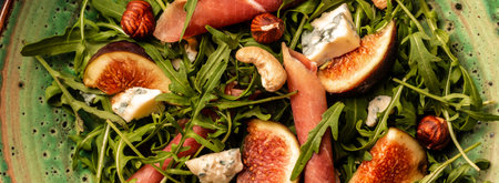 Fresh salad with figs and prosciutto. Long banner format.の写真素材